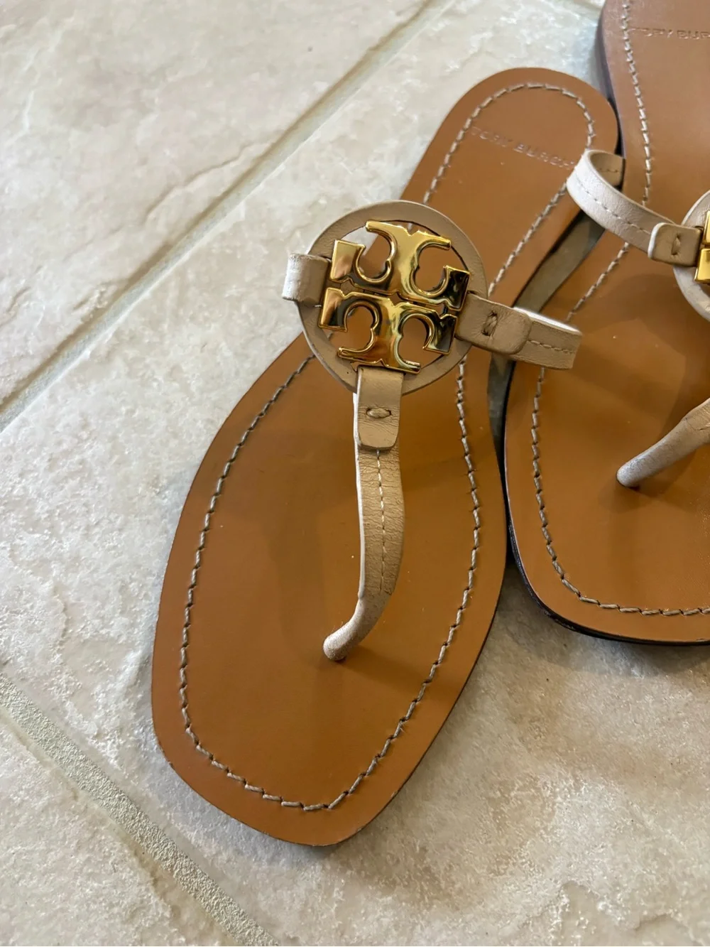 Tory Burch Gold Logo Ivory Leather Thong Sandals